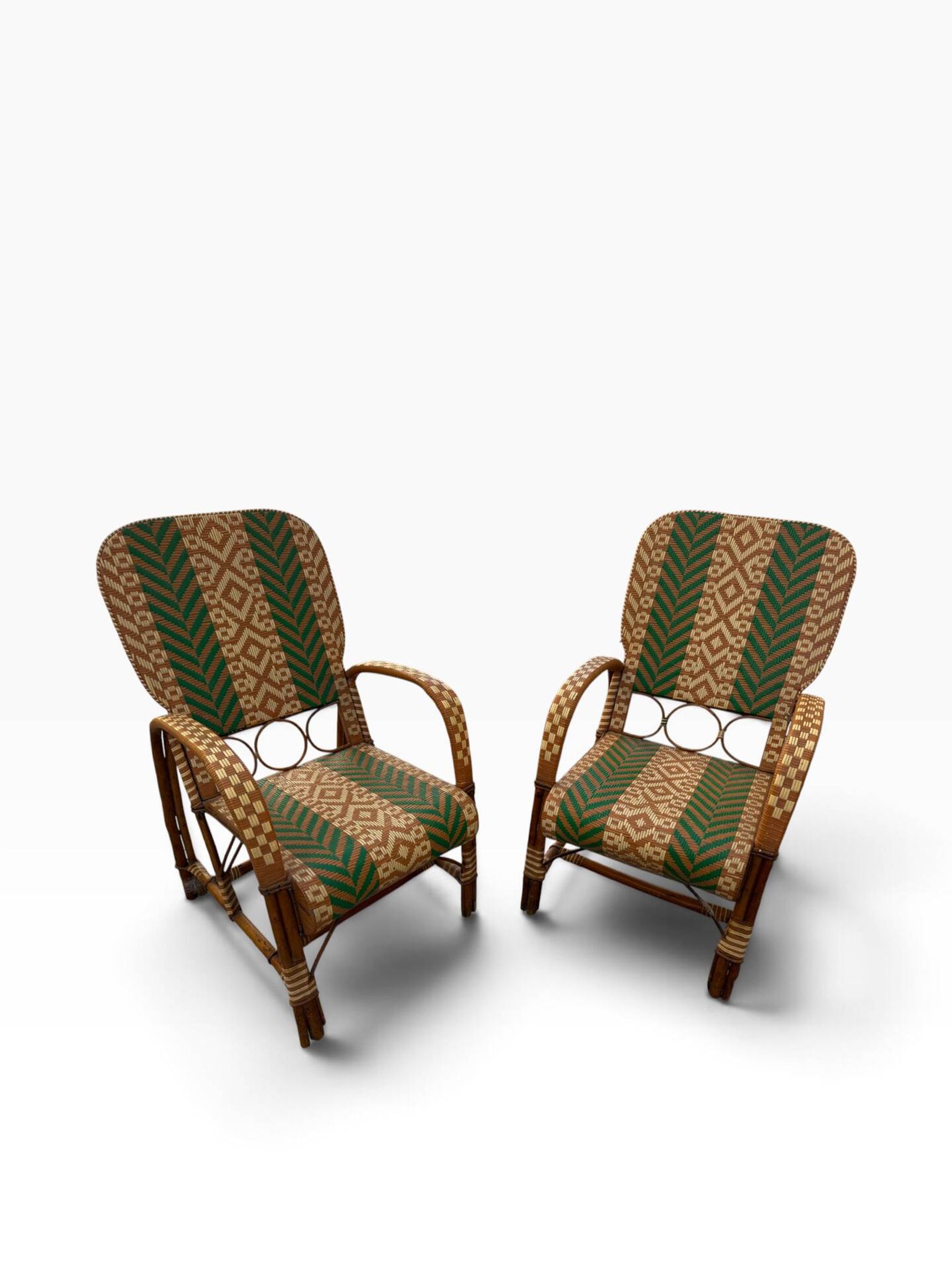 Fauteuils en rotin éclissé style Audoux Minet des années 50 F