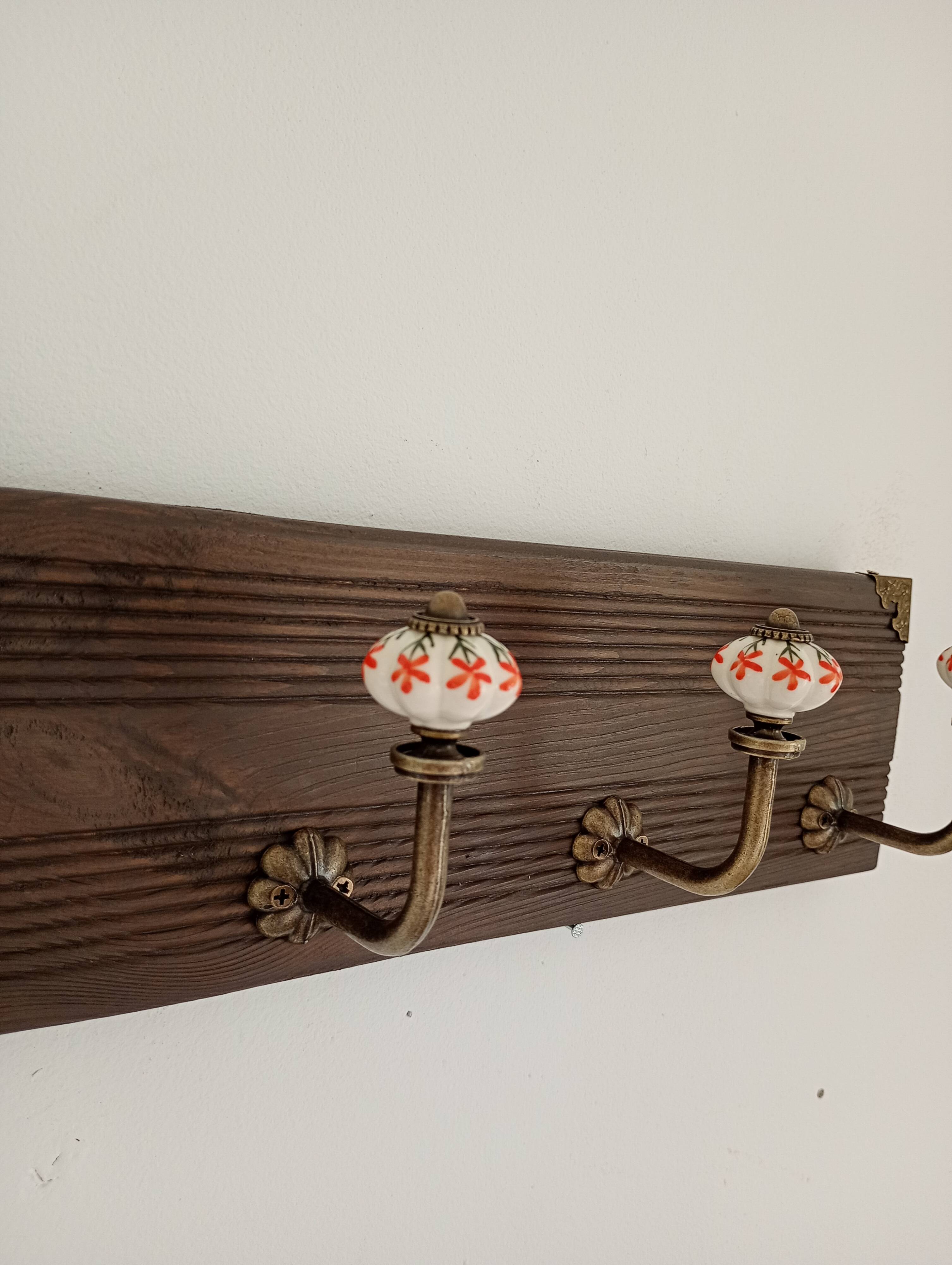 Wall-mounted coat rack wood metal ceramic 40 cm 4 hooks floral patterns