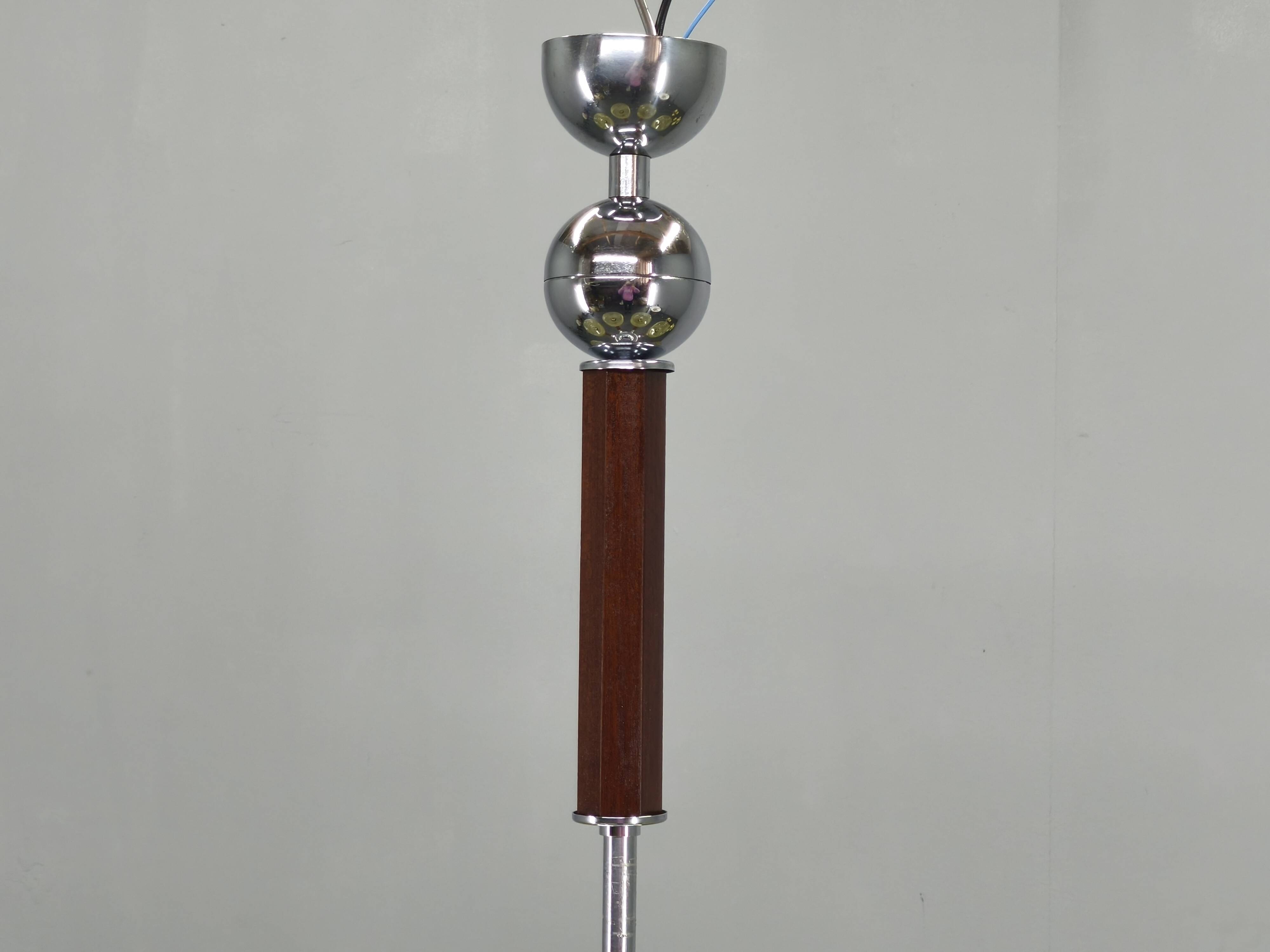 Art Deco Chrome and Walnut Chandelier, Czechoslovakia, 1930s
