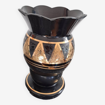 Vase Art Déco en verre noir et dorures par Paul Heller pour De Rupel (Boom, Belgique) années 30