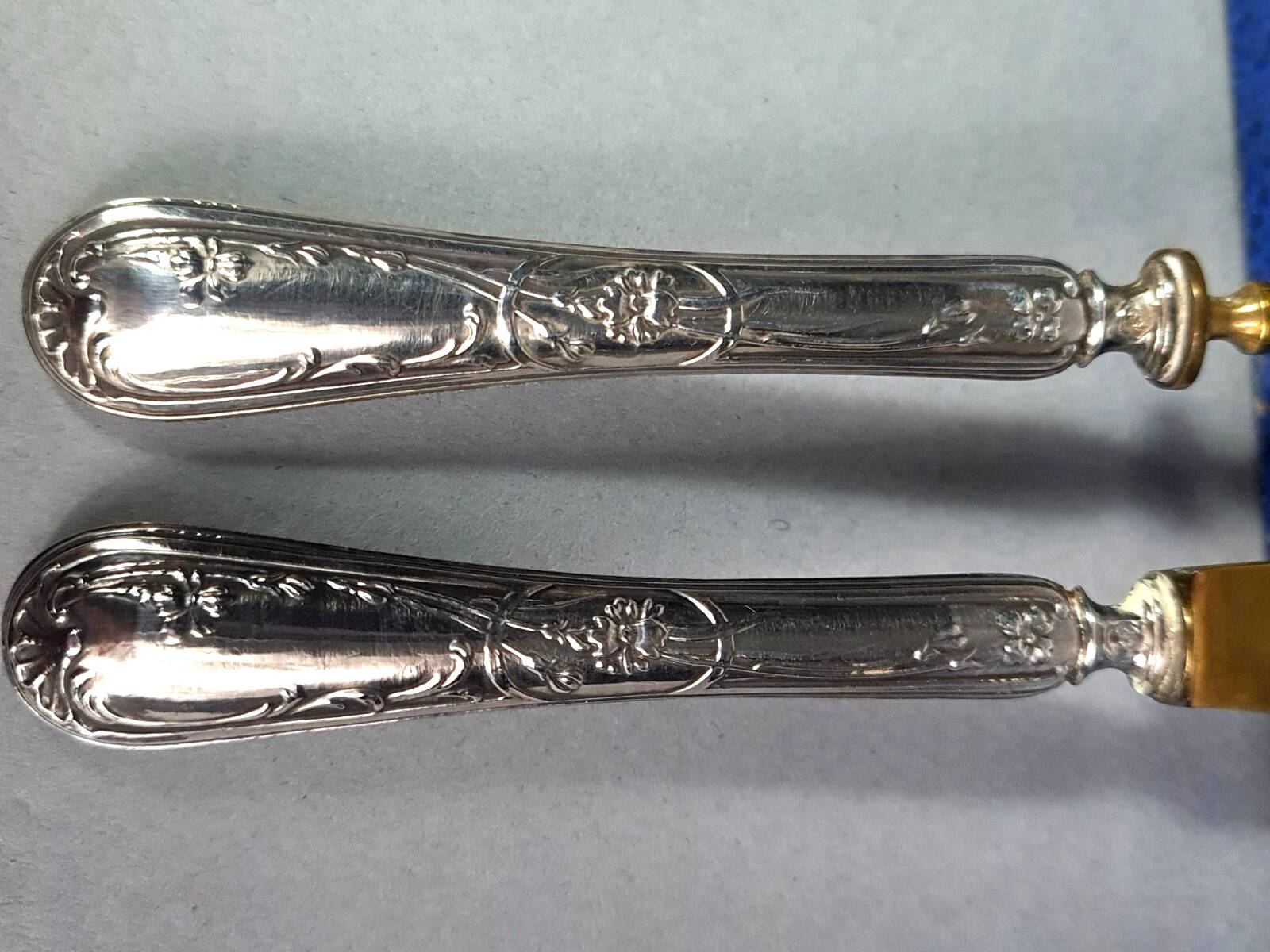 Dessert set of 6 knives and 6 forks in silver metal + case C729 S