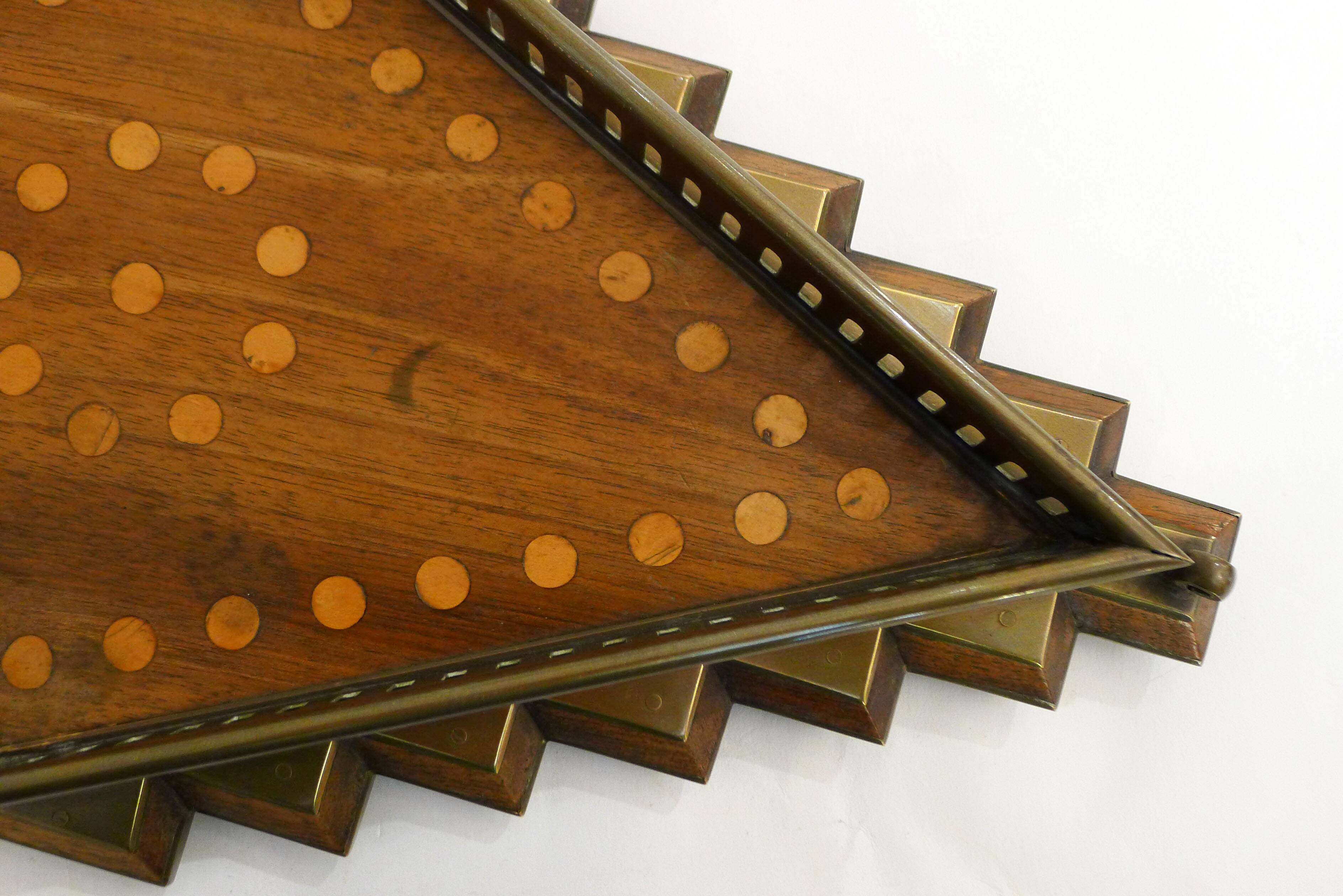 Diamond-shaped wood and brass tray