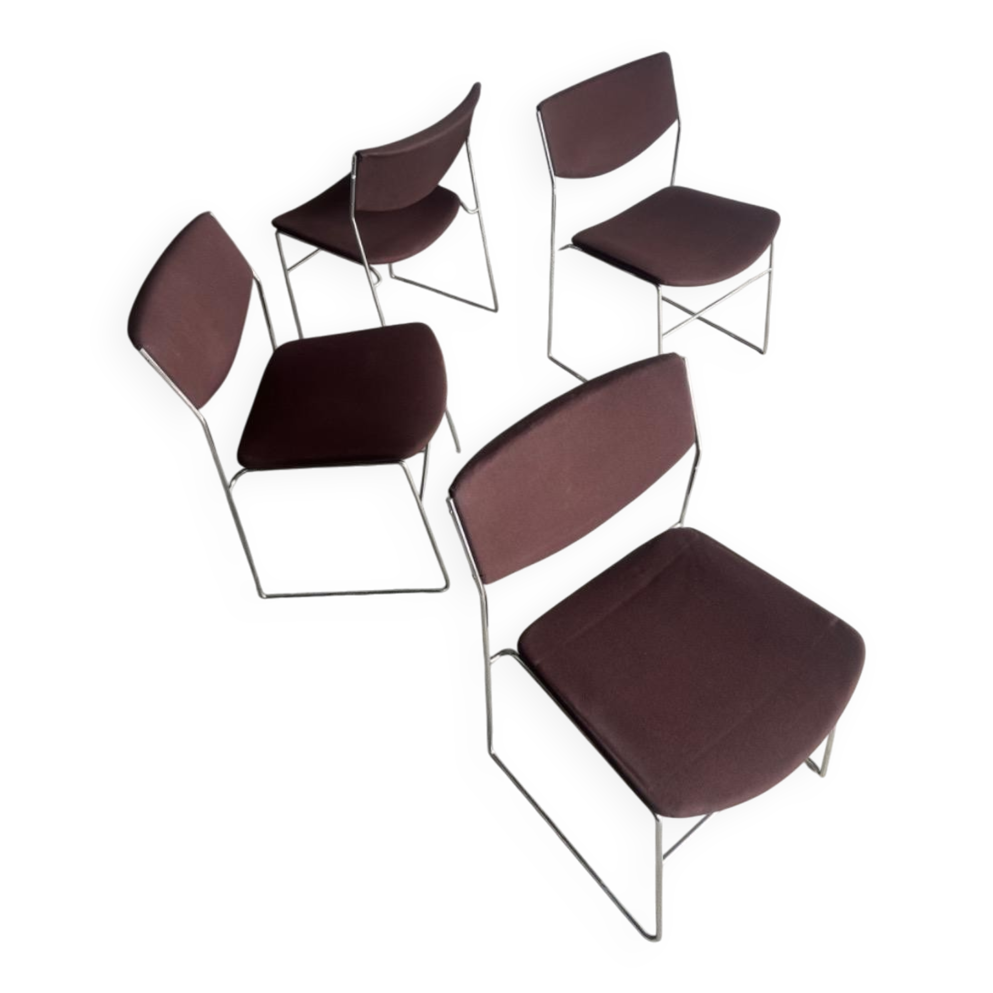 Set of 3 Howe 40/4 stackable chairs in burgundy fabric — Chrome frame, mid-century style