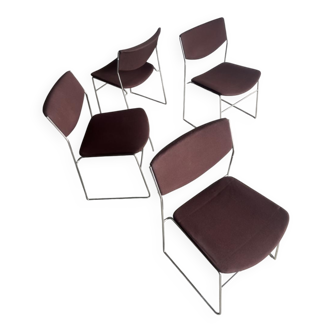 Set of 3 Howe 40/4 stackable chairs in burgundy fabric — Chrome frame, mid-century style
