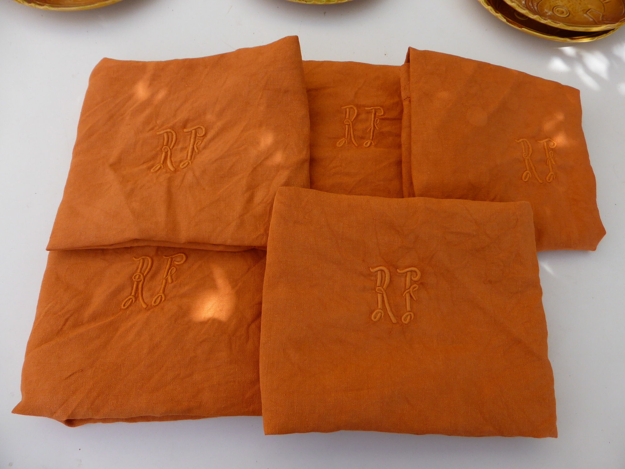 5  towels, rectangular linen, peas and monogrammed "RF", art deco