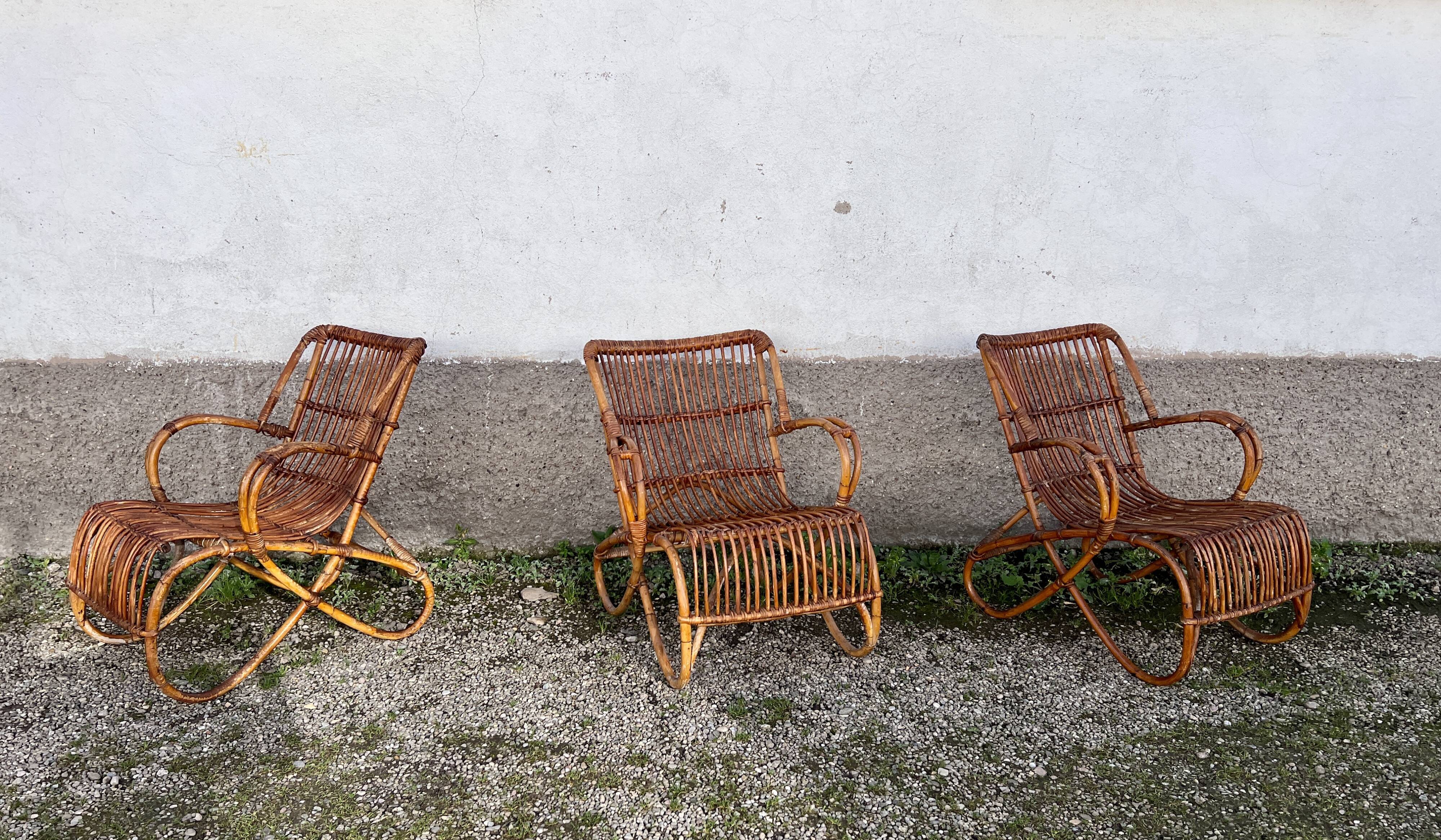 Trio de 3 fauteuils chaises rotin bambou vintage 1950