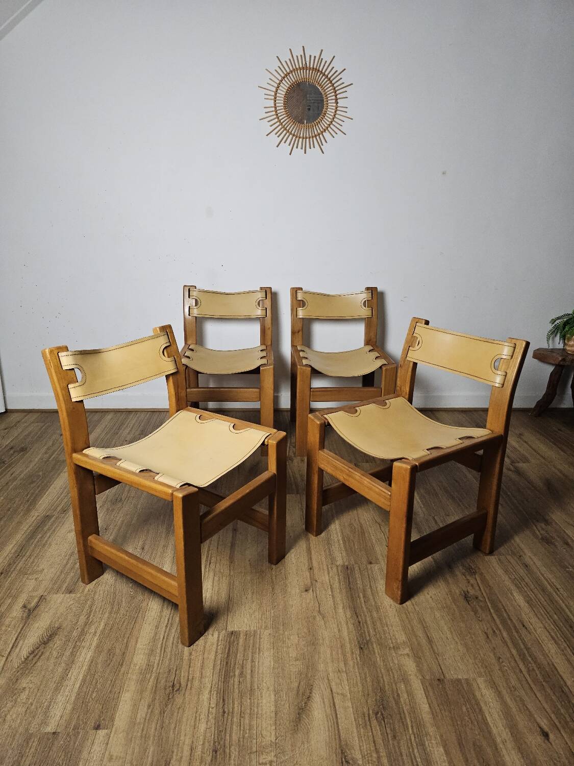 Solid Elm and cream leather chairs, Maison Regain, 1960s.