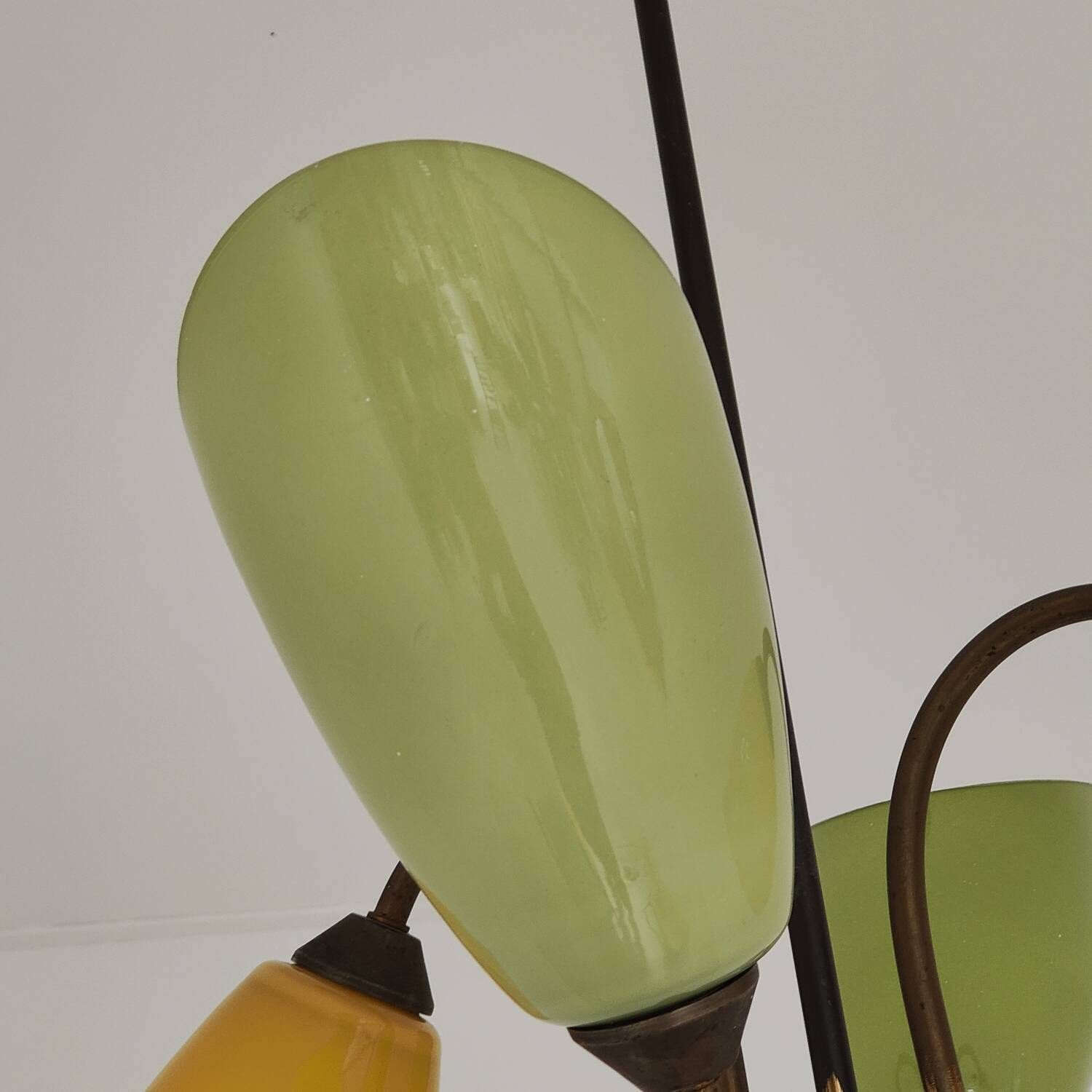 Brass and glass chandelier 4 yellow and green lights from the 60s