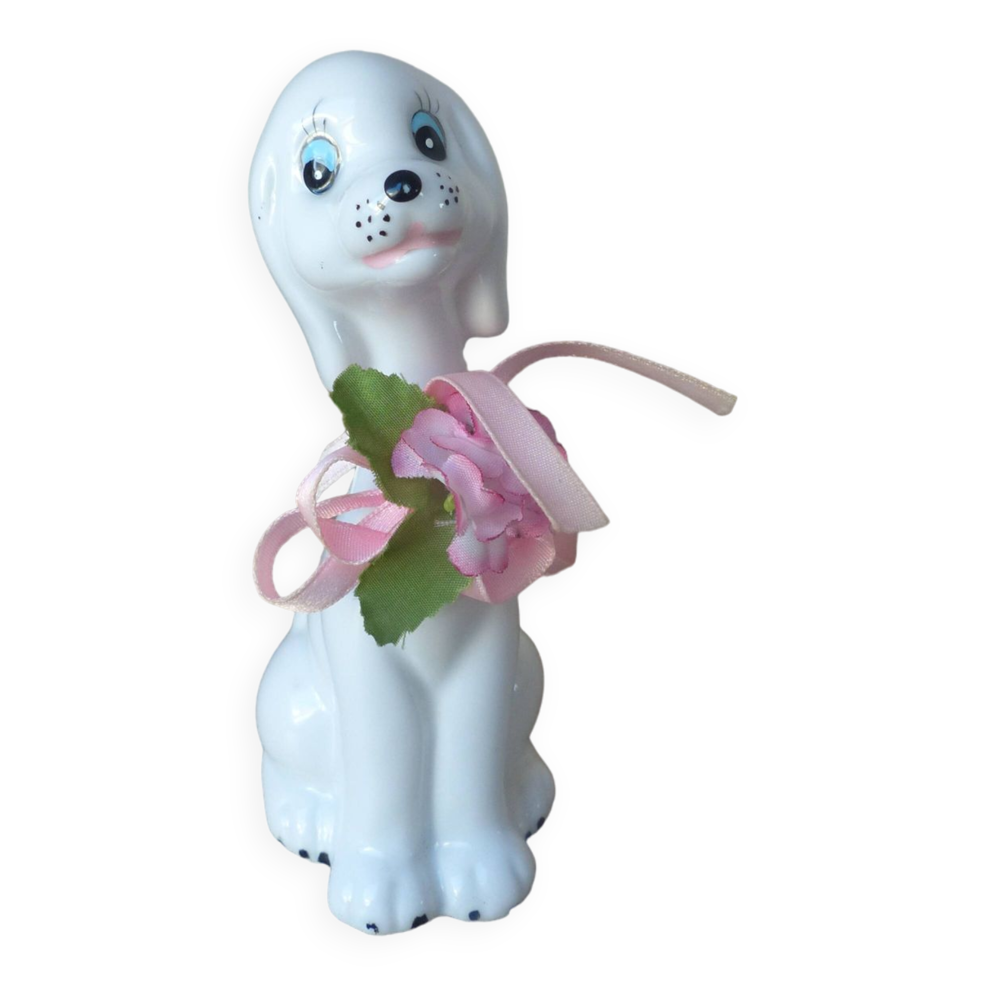 Vintage Small Romantic Ceramic Dog Figurine with Pink Flower Fabric Ribbon