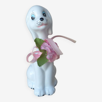 Vintage Small Romantic Ceramic Dog Figurine with Pink Flower Fabric Ribbon