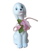Vintage Small Romantic Ceramic Dog Figurine with Pink Flower Fabric Ribbon