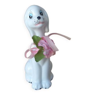 Vintage Small Romantic Ceramic Dog Figurine with Pink Flower Fabric Ribbon