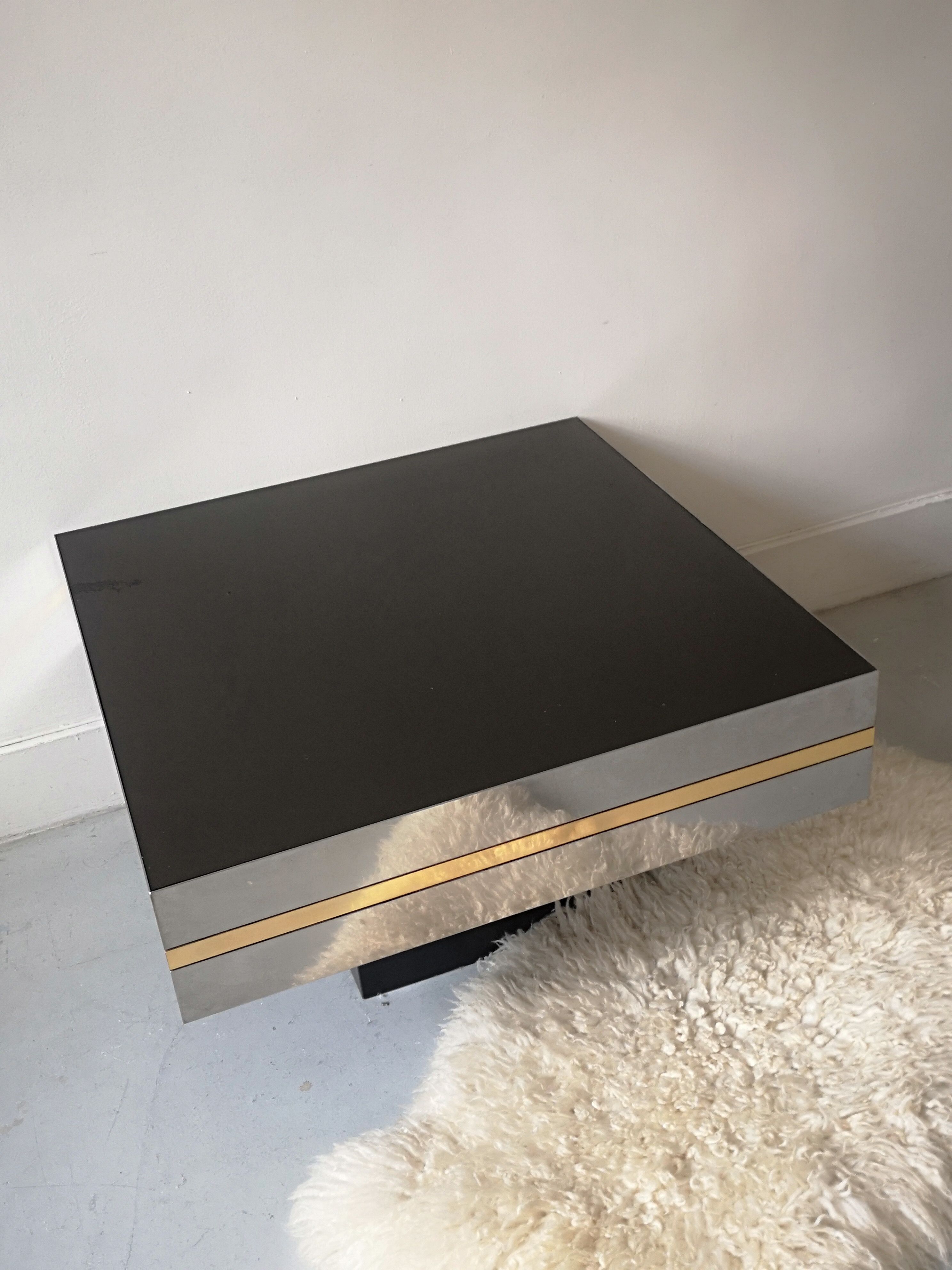 Coffee table design smoked mirror and steel sheet, belgium 1970