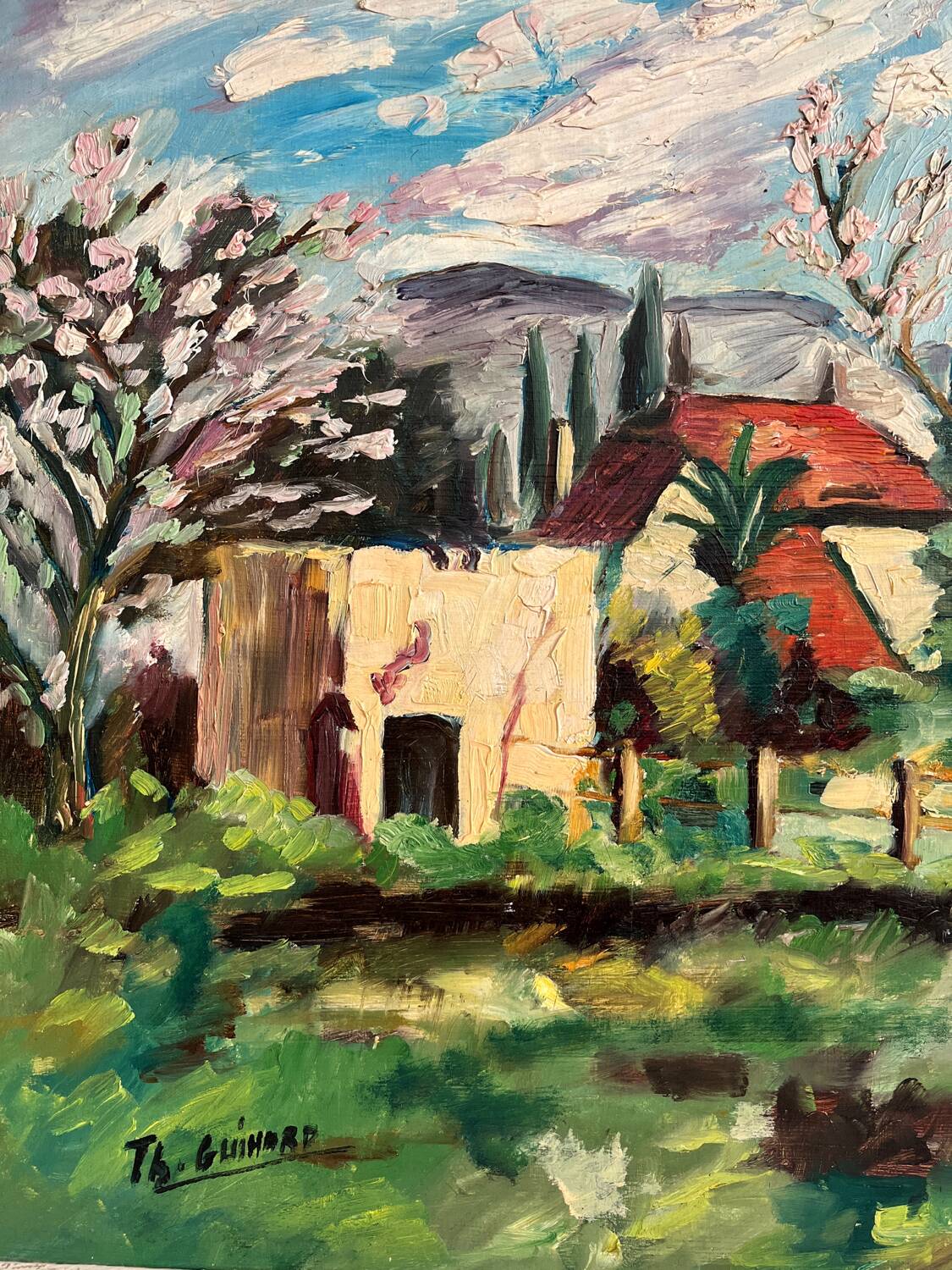 Old oil painting on panel exotic expressionist landscape signed