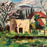 Old oil painting on panel exotic expressionist landscape signed