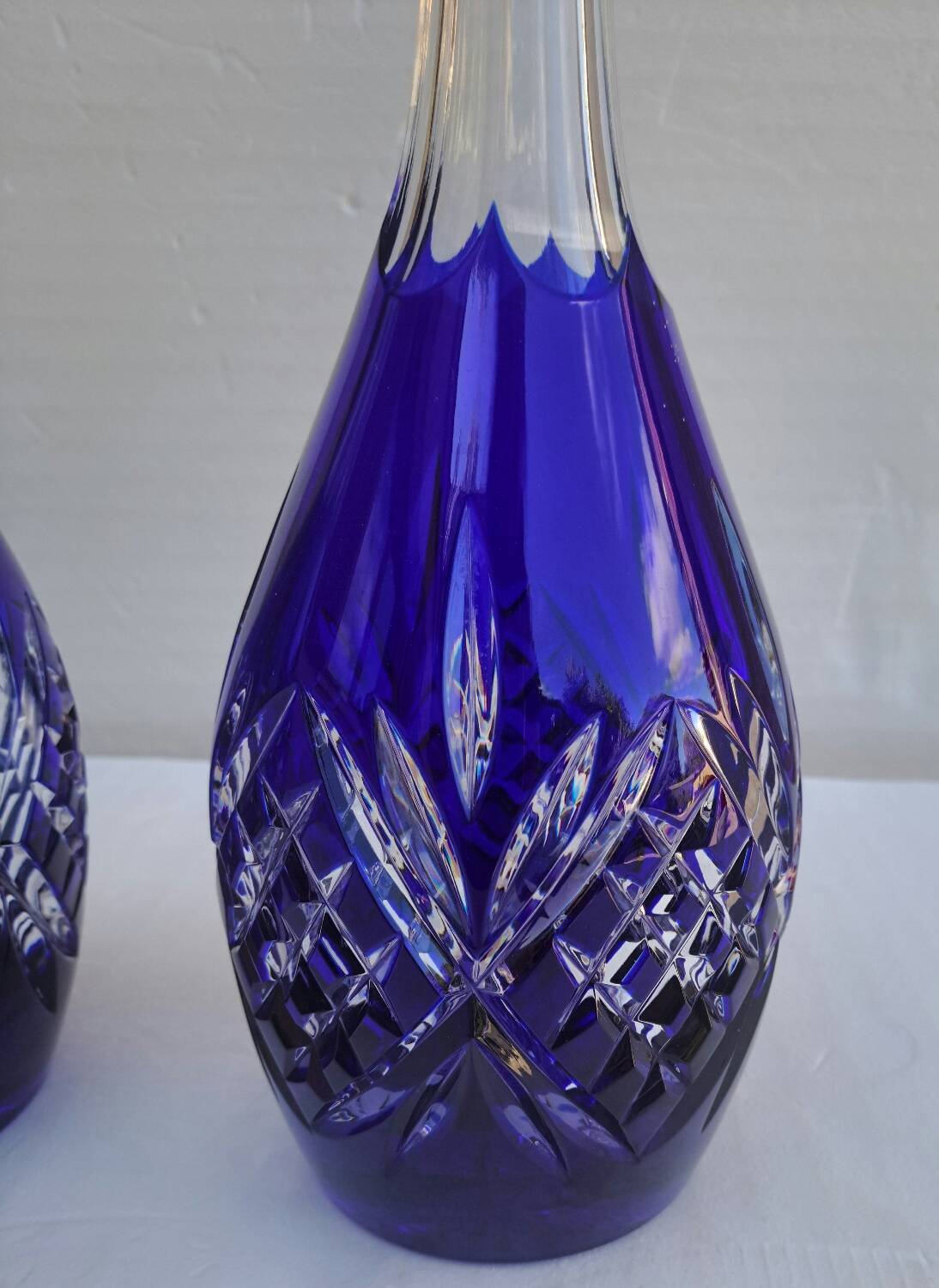 Pair of cobalt blue crystal decanters