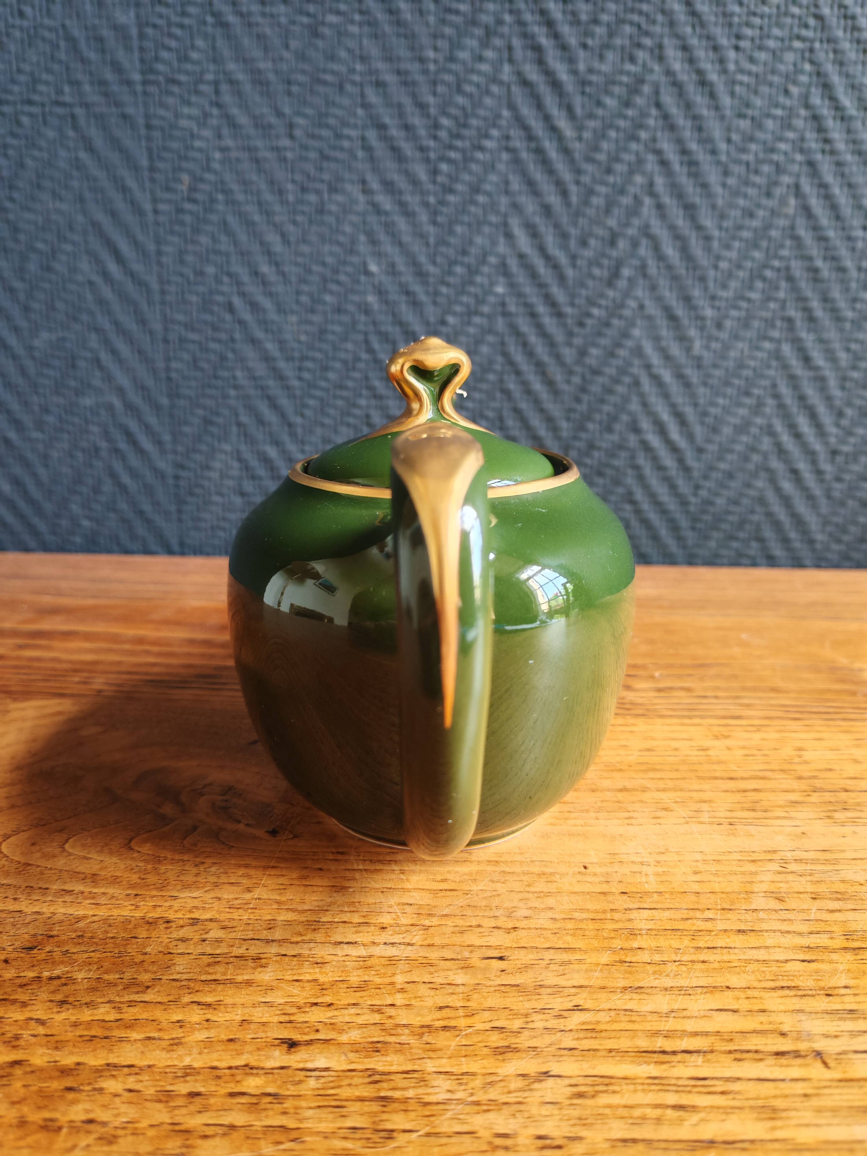 Vintage Teapot Mehun France Numbered, Green and Gold Porcelain
