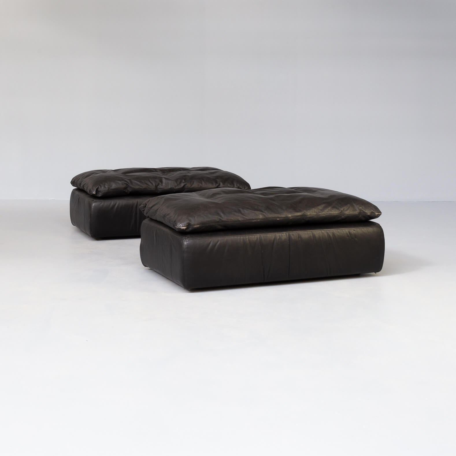 80s black leather pouf, sofa, ottoman set/2