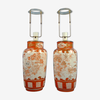 Japanese Kutani tablelamps made from porcelain vases from Meiji period (1868-1912). A pair.