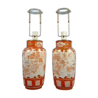Japanese Kutani tablelamps made from porcelain vases from Meiji period (1868-1912). A pair.