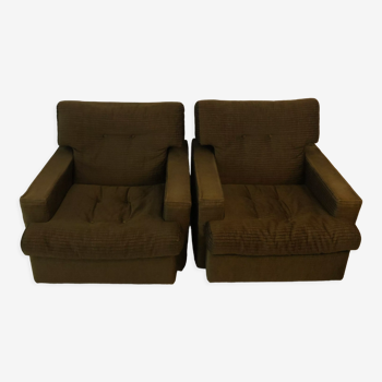 Pair of vintage khaki velvet armchairs orbit model made in England
