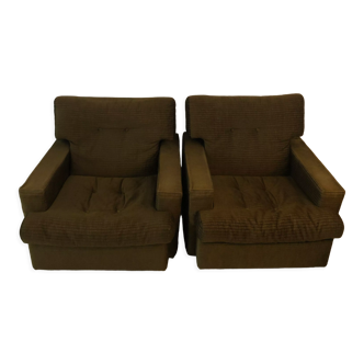 Pair of vintage khaki velvet armchairs orbit model made in England