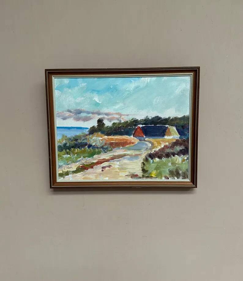 Original Swedish Oil on Canvas - 'Beach House in a Grove' by Carl Köhler - Signed - Vintage and Framed - 38 × 30 cm