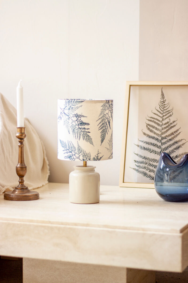 White enamelled mustard pot lamp - fern pattern