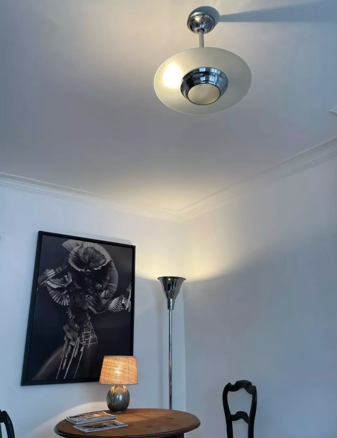 Art deco chandelier sandblasted glass and chrome France 1950