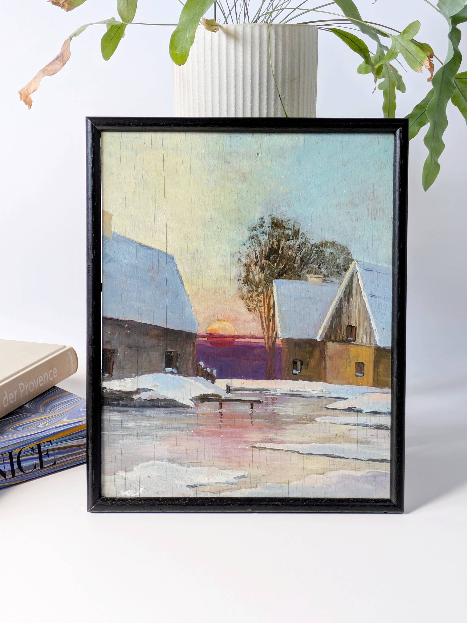 Vintage oil painting, rural winter landscape, 1960s