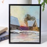 Vintage oil painting, rural winter landscape, 1960s