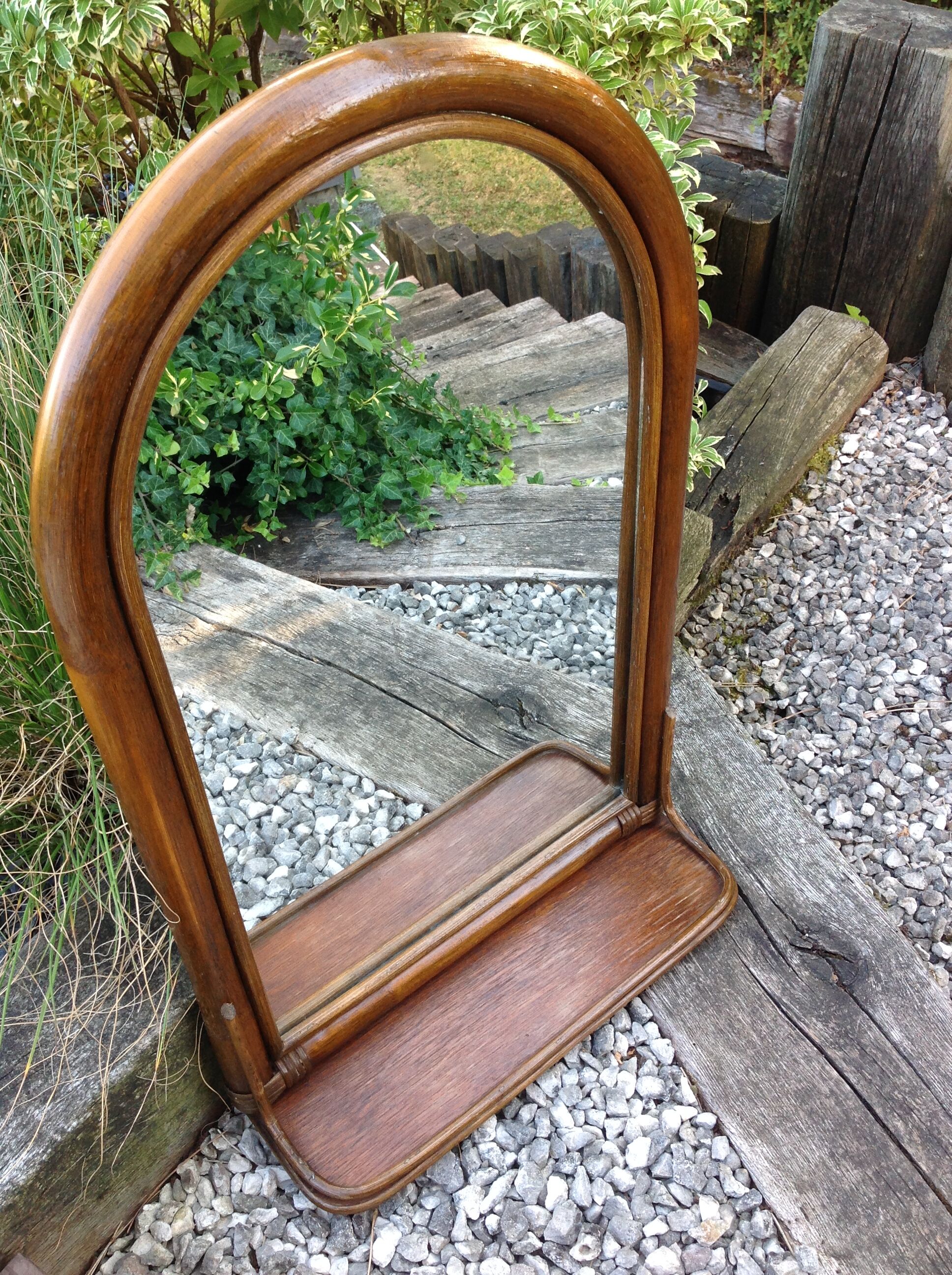 Arched rattan mirror with shelf/vintage 60s-70s