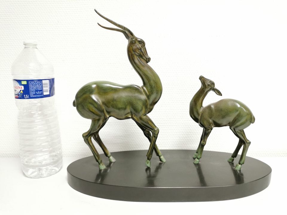 Superb Art Deco Statue Antelopes Regulates Green Patina