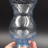 Candlestick or photophore in sky blue bulled glass, signed Biot