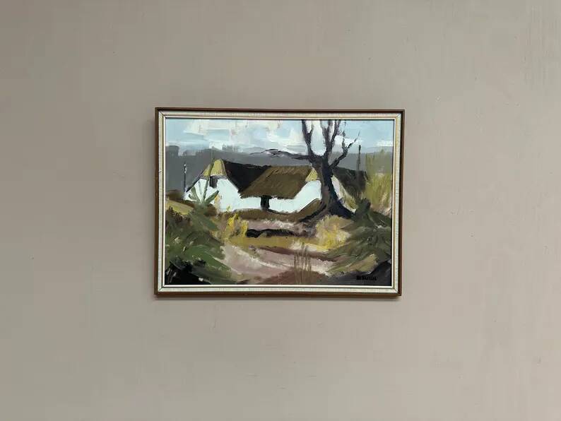 Original Swedish Oil on Canvas – "Farm" by Jörgen Bruun – Signed – Vintage and Framed – 41 × 31 cm (16.1" × 12.2")
