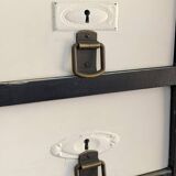 Large black and white industrial chest of drawers in pine, 40 drawers, 1950s.