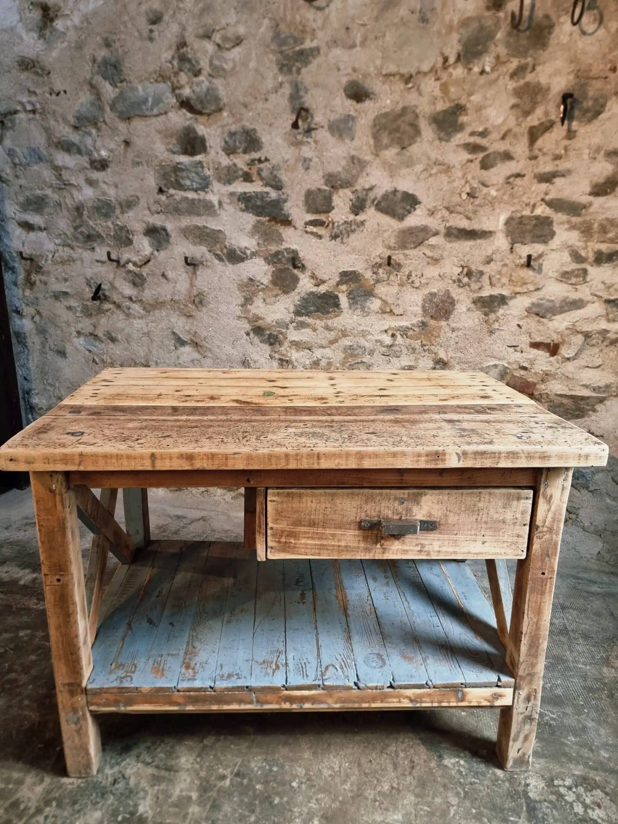 Vintage French industrial workbench – 1920s/1930s oak and pine table with drawer