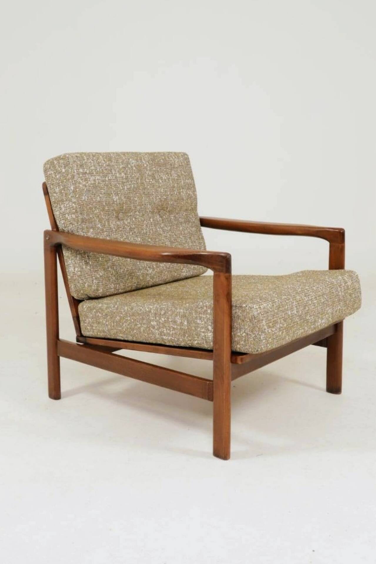 Fauteuil vintage en tissu chiné beige moutarde et olive, Pologne 1960