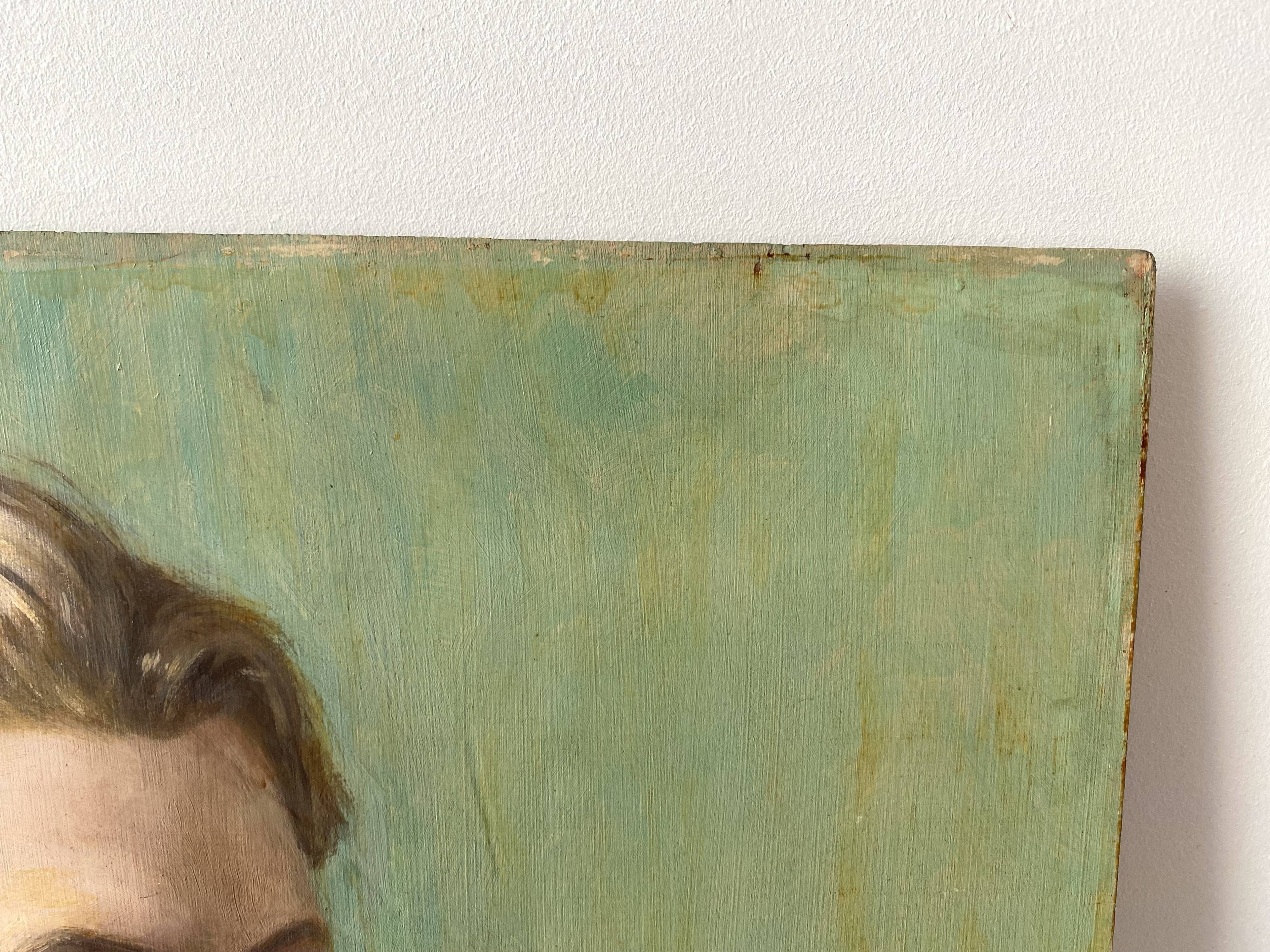 Old portrait in oil on panel 1920, vintage painting of a man signed Cagnet