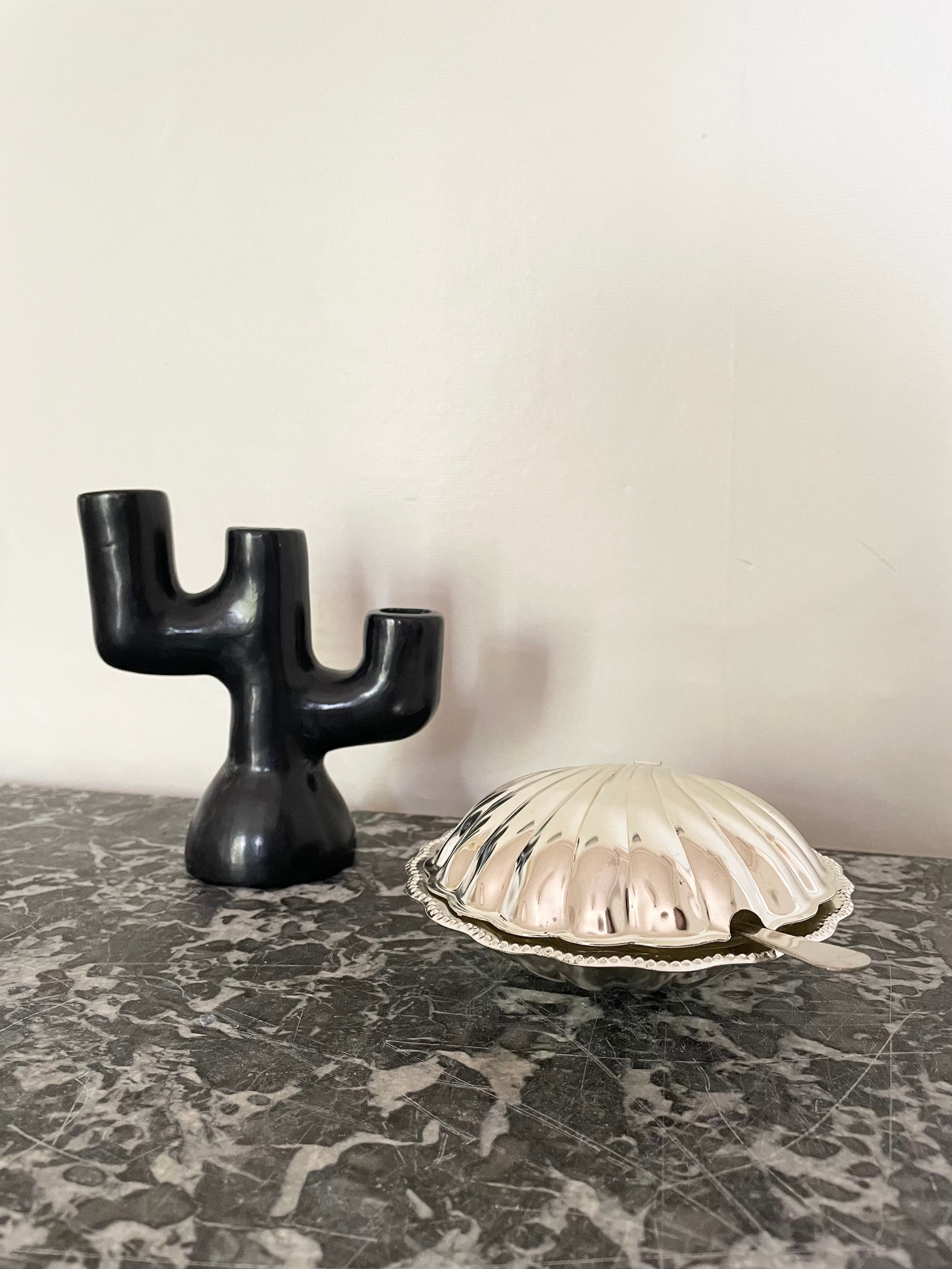 Black clay candle holder