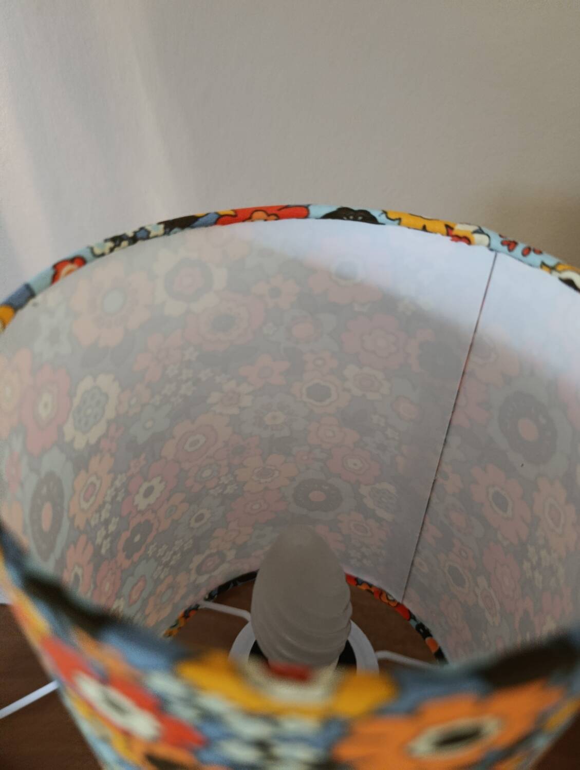 vintage white metal lamp, 70's flower power style shade