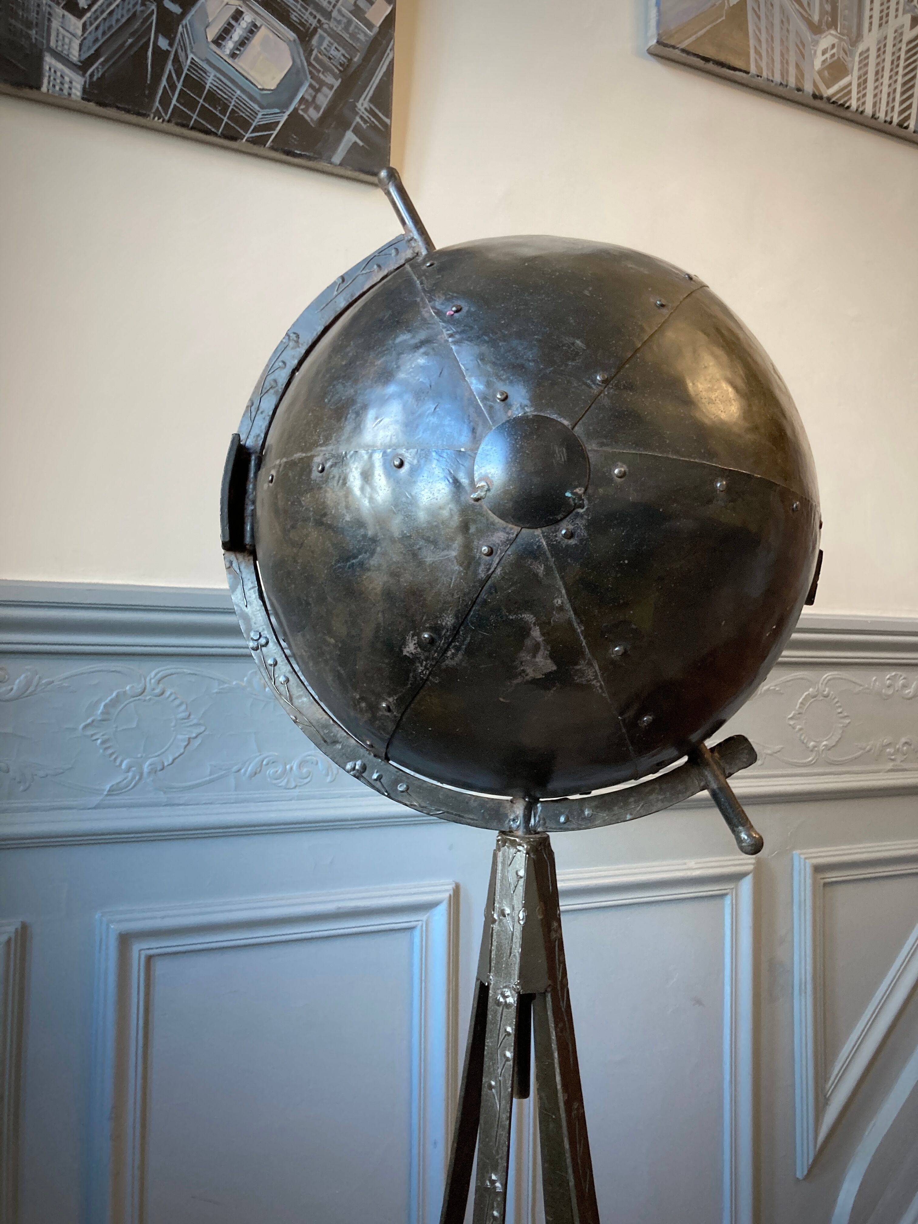 Atypical industrial furniture riveted sphere