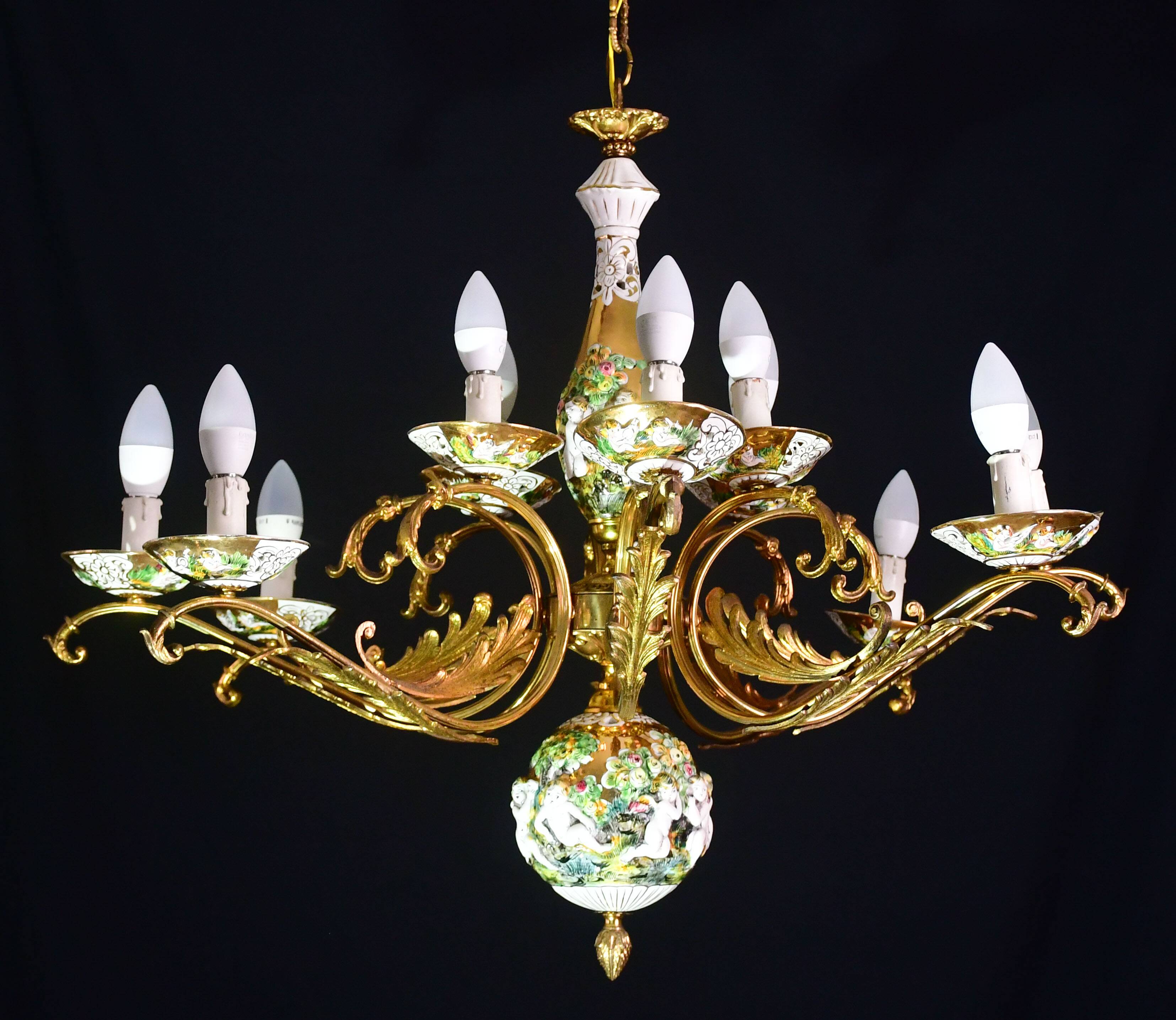 Manila, large size 12 light Italian vintage ceramic chandelier, 1960