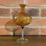 East German GDR Mouth-Blown Amber Art Glass Vase with Swirled Ribbing Texture, Possibly by Lauscha