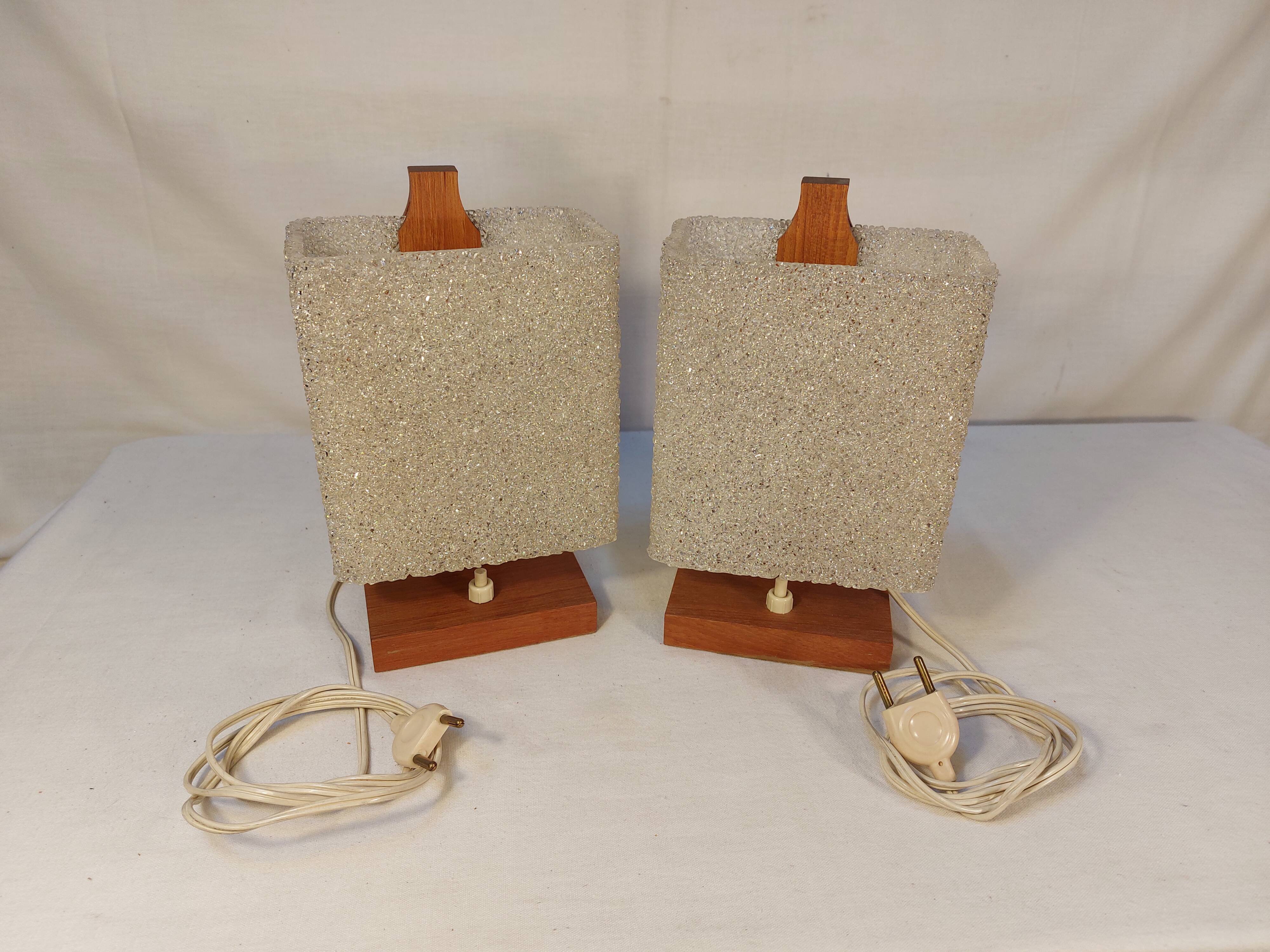 Pair of vintage Scandinavian table lamps in teak and Perspex