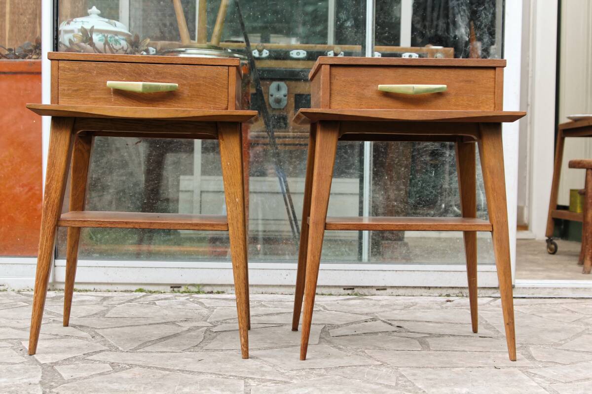 Pair of bedside tables, 1950s, compass legs