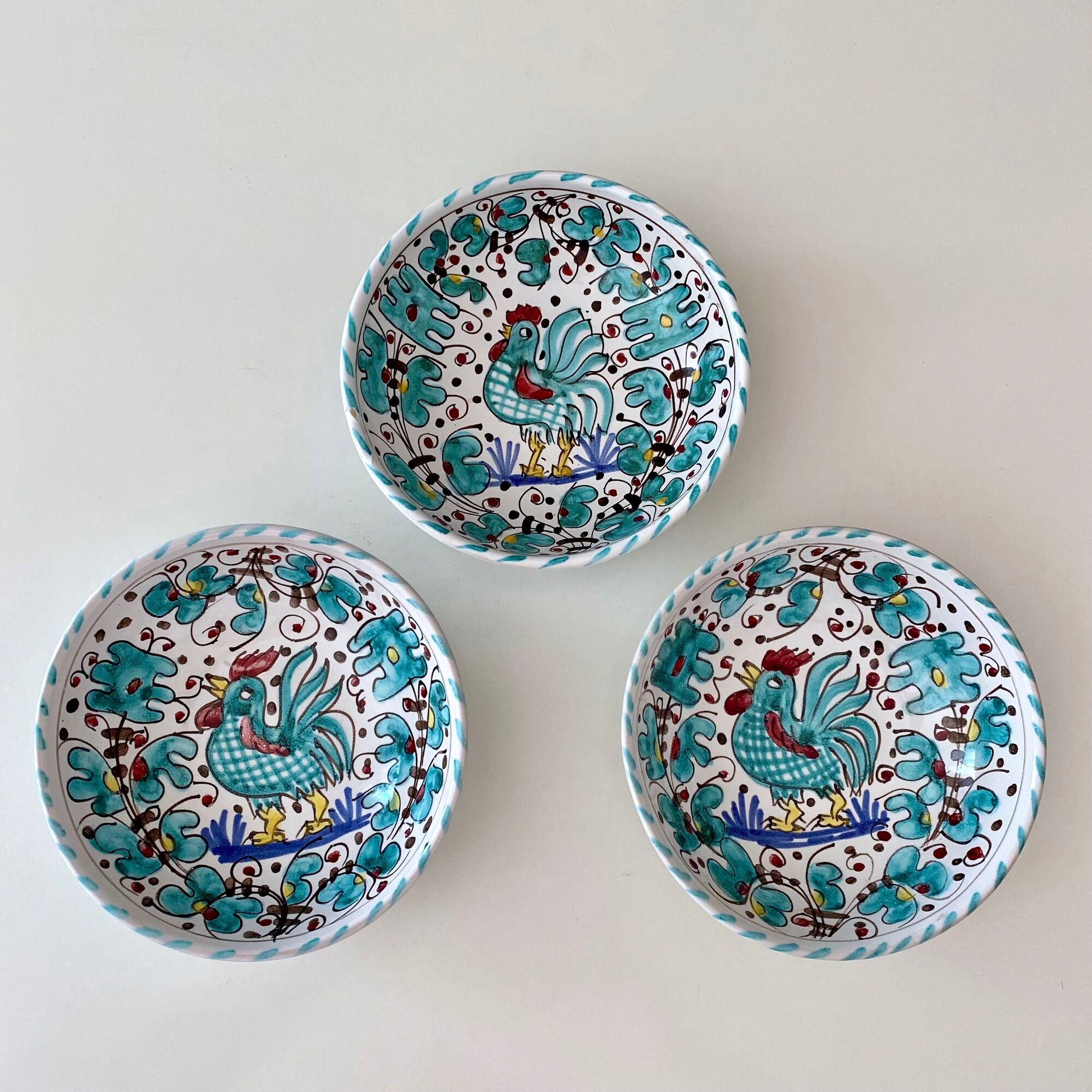 3 ceramic bowls deruta etrusca, green rooster, ceramic bowl italian majolica pottery handpainted
