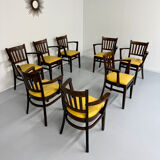Lot de 8 anciennes chaises fauteuils de bistrot en bois et simili jaune 80’