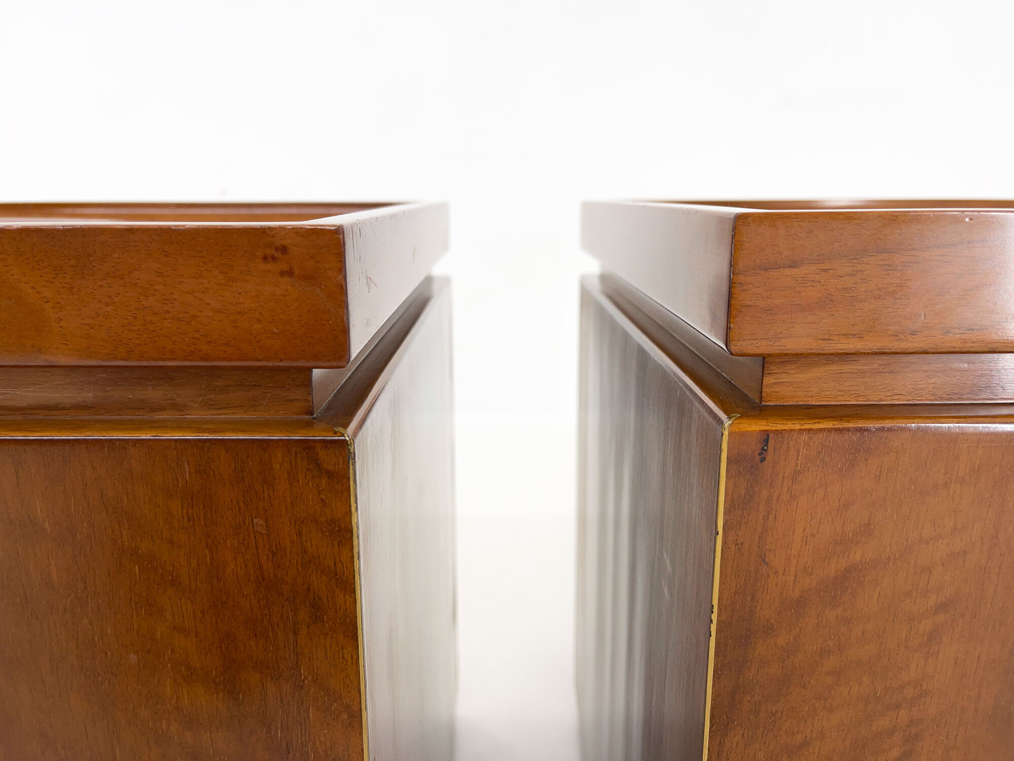 Set of walnut veneer side or night tables with brass detail, Italy 1950s