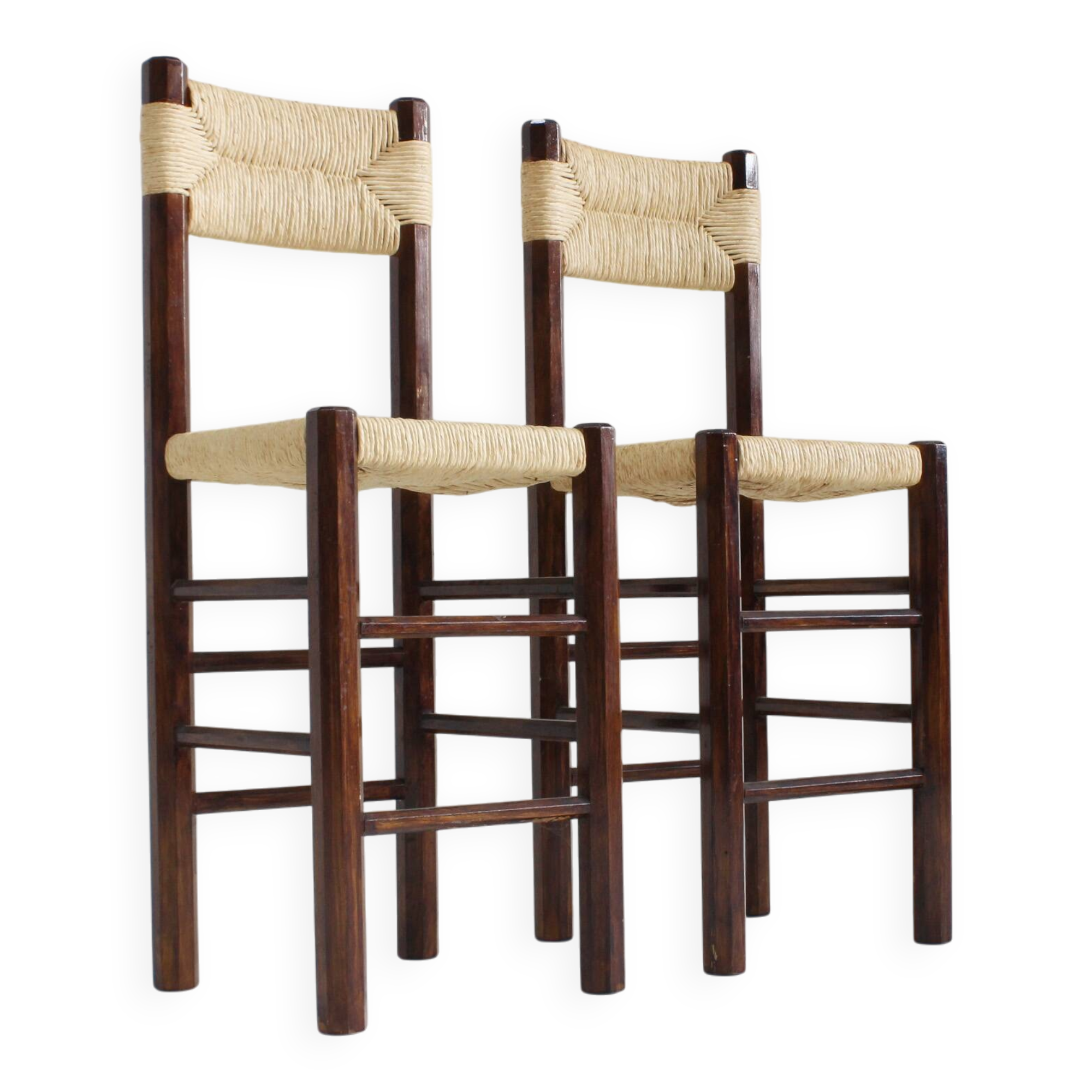 Tabourets de bar vintage en jonc tressé et bois, lot de 2